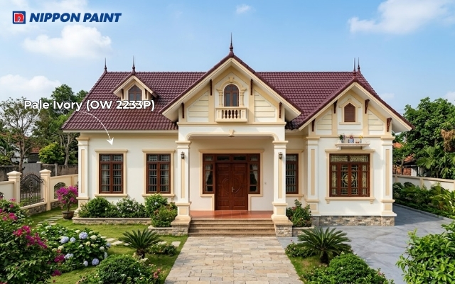 Mảng tường Pale Ivory (OW 2233P) và vàng nhạt, cân bằng cùng mái ngói đỏ nâu
