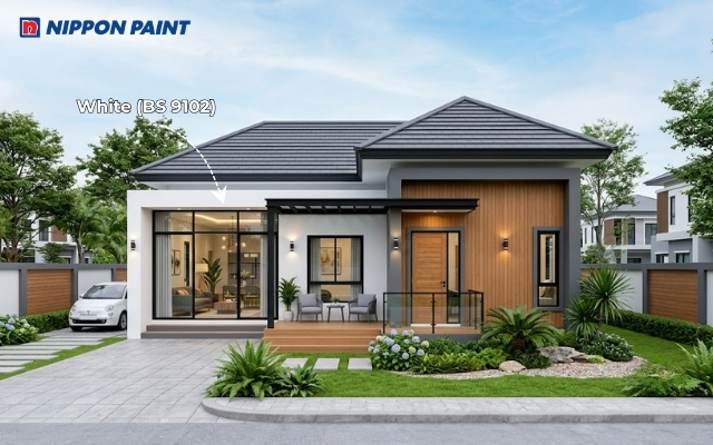 Mặt tiền hiện đại với tường White (BS 9102) kết hợp mảng nâu gỗ