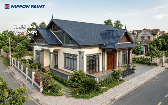 Timid Pink (OW 1026P) kết hợp xanh ghi tạo diện mạo sáng thoáng dưới mái ngói xanh đậm
