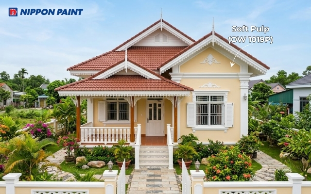 Gam màu Soft Pulp (OW 1019P) tạo nét ấm áp khi đi cùng mái ngói đỏ nâu