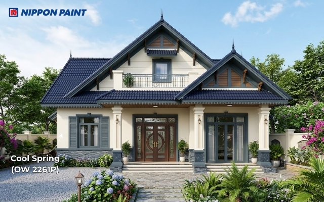 Chân tường xanh ghi tạo điểm chuyển sắc với tường màu Cool Spring (OW 2261P)