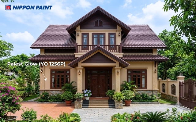 Màu Palest Glow (YO 1256P) làm nổi bật các mảng nâu đất dưới mái ngói nâu đỏ