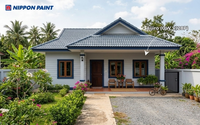 Màu Aijiro (OW V128P) kết hợp trắng ngà dưới mái ngói xanh đậm