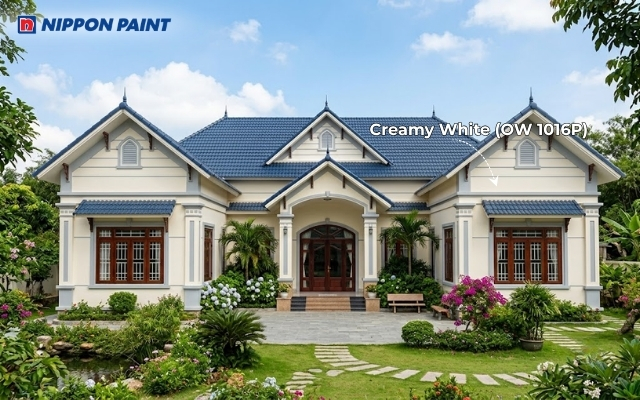 Tường Creamy White (OW 1016P) kết hợp mái ngói xanh than, tôn rõ bố cục chữ U