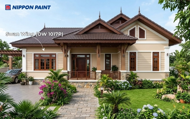Sắc Swan Wing (OW 1017P) trải đều mặt tiền cùng với cửa nâu cà phê