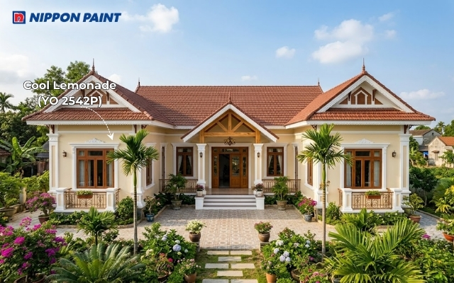 Tường Cool Lemonade (YO 2542P) nổi bật dưới mái ngói đỏ nâu