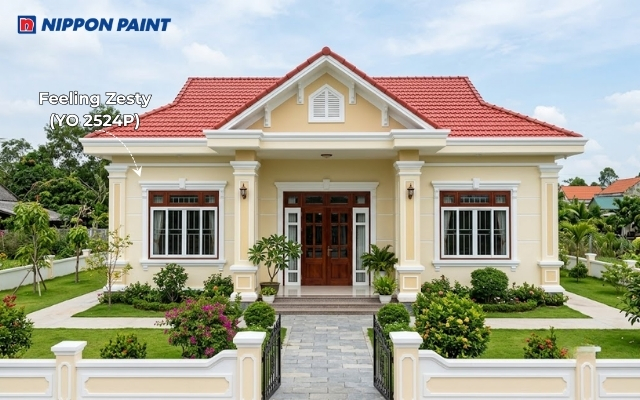 Kiến trúc cân đối hơn với sự kết hợp giữa tường màu Feeling Zesty (YO 2524P) và mái đỏ