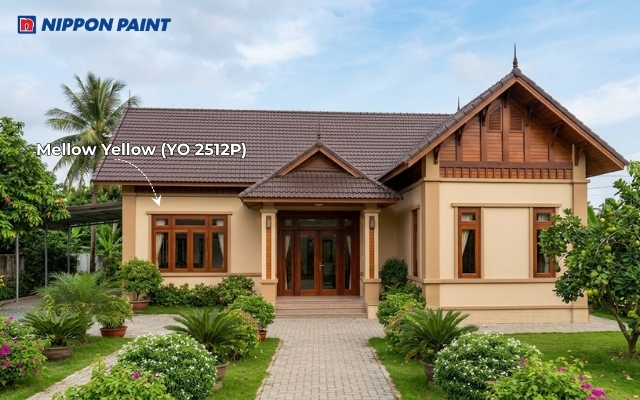 Sắc Mellow Yellow (YO 2512P) nhấn bằng chi tiết nâu gỗ và mái ngói nâu