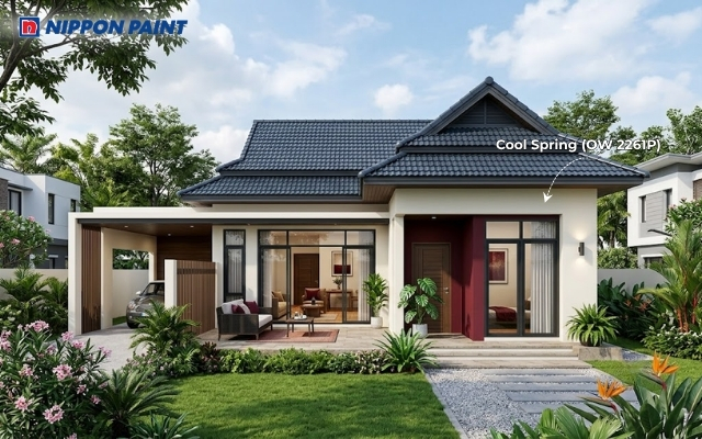 Mặt tiền nổi bật với màu Cool Spring (OW 2261P) phối mảng nhấn đỏ nâu