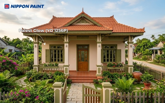 Gam màu Palest Glow (YO 1256P) tạo nét mềm mại khi phối cùng mái ngói đỏ nâu