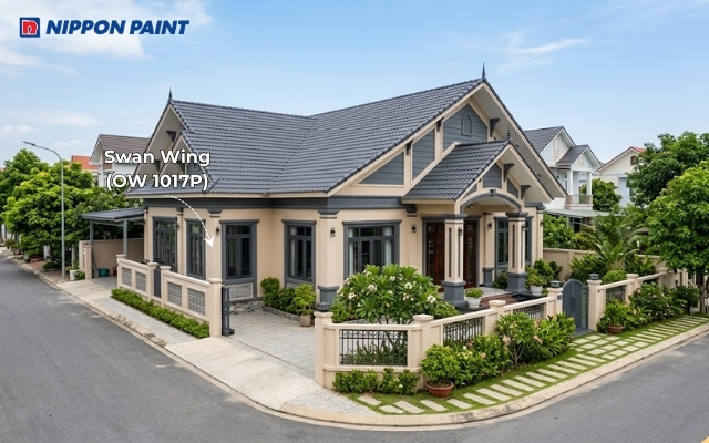 Swan Wing (OW 1017P) kết hợp ghi đậm tạo chiều sâu cho kiến trúc hai mặt tiền