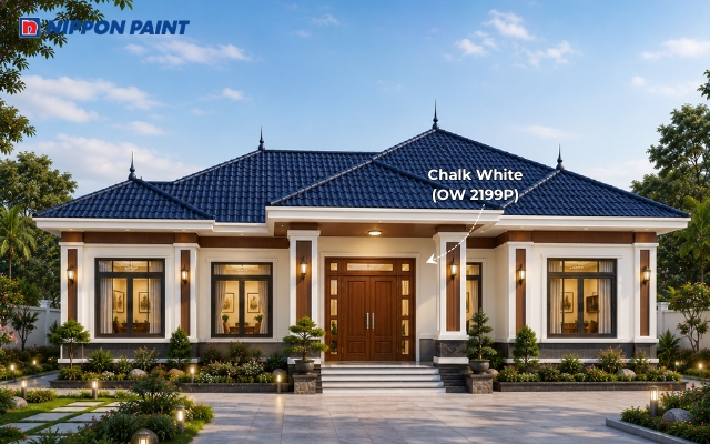 Trắng ngà Chalk White (OW 2199P), nâu gỗ và mái xanh than tạo vẻ đẹp hiện đại, ấm cúng
