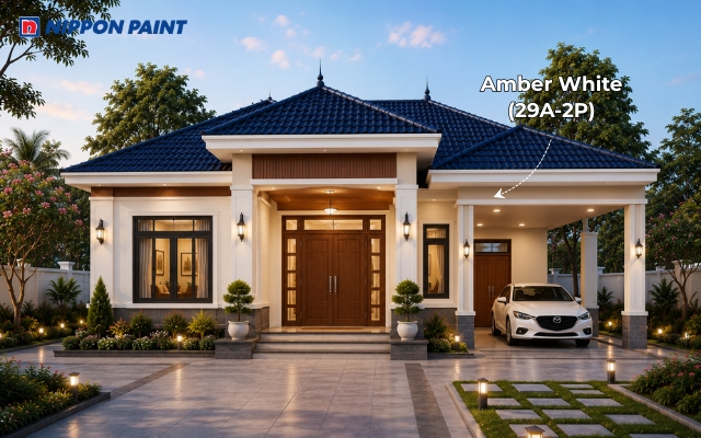 Trắng kem Amber White (29A-2P), mái xanh than và chi tiết gỗ tạo vẻ đẹp hiện đại, cân đối