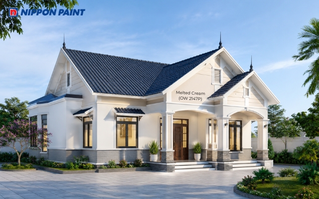 Tường trắng kem Melted Cream (OW 2147P), mái xanh than và chân tường xám tạo vẻ đẹp hiện đại, sang trọng