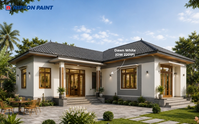 Tường trắng kem Dawn White (OW 2201P), xám ghi và nâu gỗ tạo vẻ đẹp hiện đại, ấm cúng