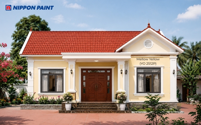 Tường vàng nhạt Mellow Yellow (YO 2512P) và mái đỏ tạo vẻ đẹp quen thuộc của nhà vườn nông thôn