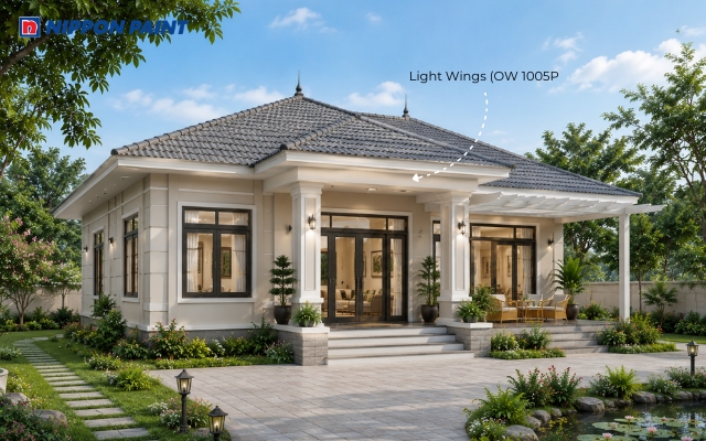 Tường be sáng Light Wings (OW 1005P), mái xám ghi và viền trắng tạo vẻ đẹp nhẹ nhàng, hiện đại