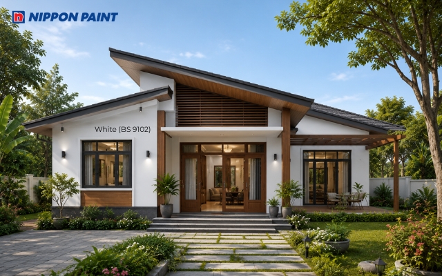 Tường trắng White (BS 9102), mái xám than và chi tiết gỗ tạo vẻ đẹp hiện đại, ấm cúng