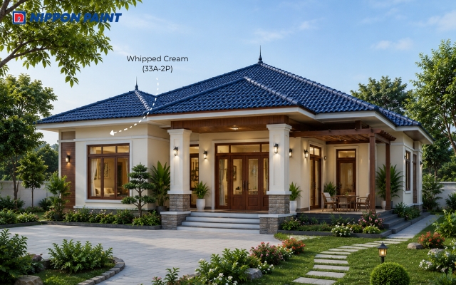 ường trắng ngà Whipped Cream (33A-2P) kết hợp mái xanh than và chi tiết gỗ tạo điểm nhấn nổi bật