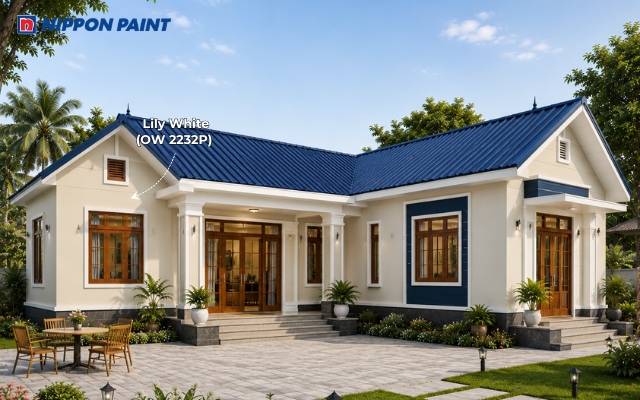 Be sáng Lily White (OW 2232P) kết hợp mái xanh than mang đến mặt tiền nổi bật, hài hòa