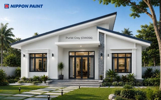Ghi sáng Purist Grey (OW056) kết hợp xanh xám mang đến vẻ đẹp thanh lịch cho nhà mái lệch