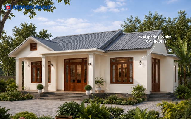 Tường trắng kem Whispering White (OW 11001P), mái tôn xám ghi và cửa gỗ tạo tổng thể hiện đại, hài hòa