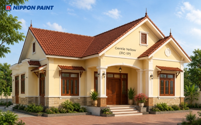 ường vàng nhạt Gentle Yellow (31C-1P), mái nâu đỏ và cửa gỗ mang đến vẻ đẹp truyền thống, ấm cúng