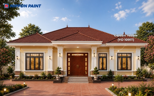 Vàng kem Golden Yellow (YO 1091T) kết hợp mái nâu đỏ tạo vẻ đẹp truyền thống, ấm cúng