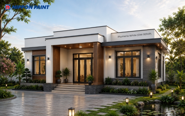 Tường trắng kem Plumeria White (OW 001VP) kết hợp nâu gỗ và xám đậm mang đến vẻ đẹp sang trọng
