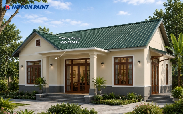 Be sáng Creamy Beige (OW 2234P) kết hợp mái tôn xanh rêu tạo vẻ đẹp gần gũi với thiên nhiên nông thôn