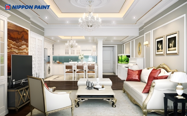 Căn phòng khách có diện tích vừa phải kết hợp phào chỉ trần nhà màu vàng nâu và trắng để tăng tính thẩm mỹ, tạo điểm nhấn cho căn phòng