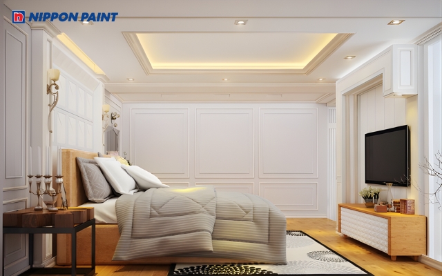 Tường nhà màu trắng kết hợp phào chỉ màu be đem đến cho căn phòng ngủ cảm giác hài hòa, dễ chịu