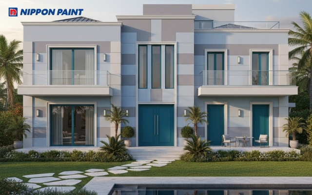 Phối màu biệt thự với Winter Sky (39A-2P) và Glacier Gray (39B-2T) tạo điểm nhấn tinh tế