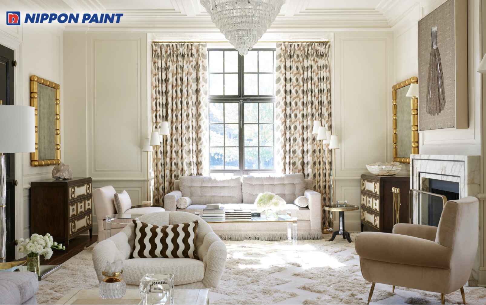 Be làm nền, phối nội thất kem, điểm vàng kim mang lại phòng khách Art Deco thanh lịch