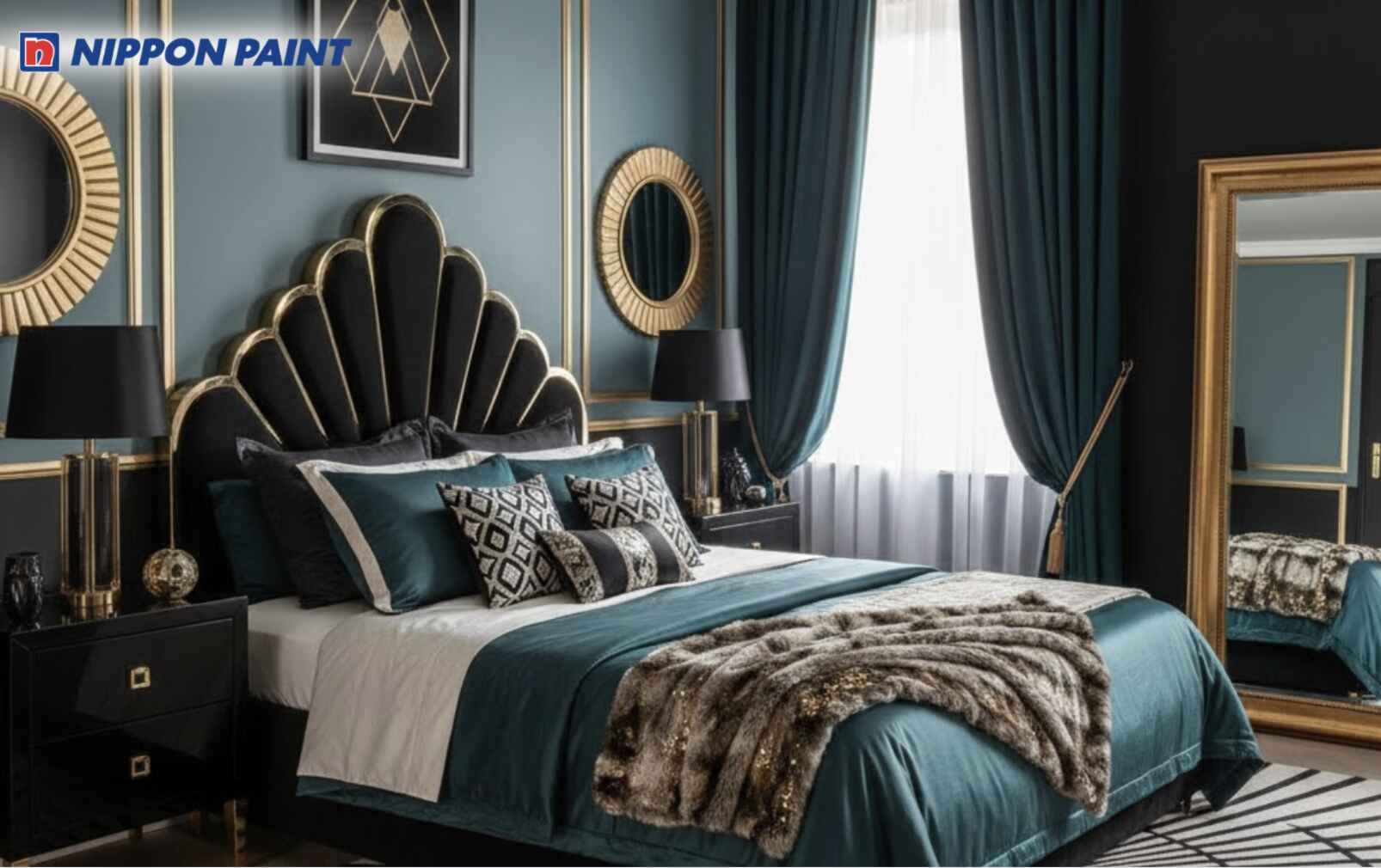 Xanh ngọc trầm kết hợp đen mang lại phòng ngủ Art Deco sâu lắng, cá tính