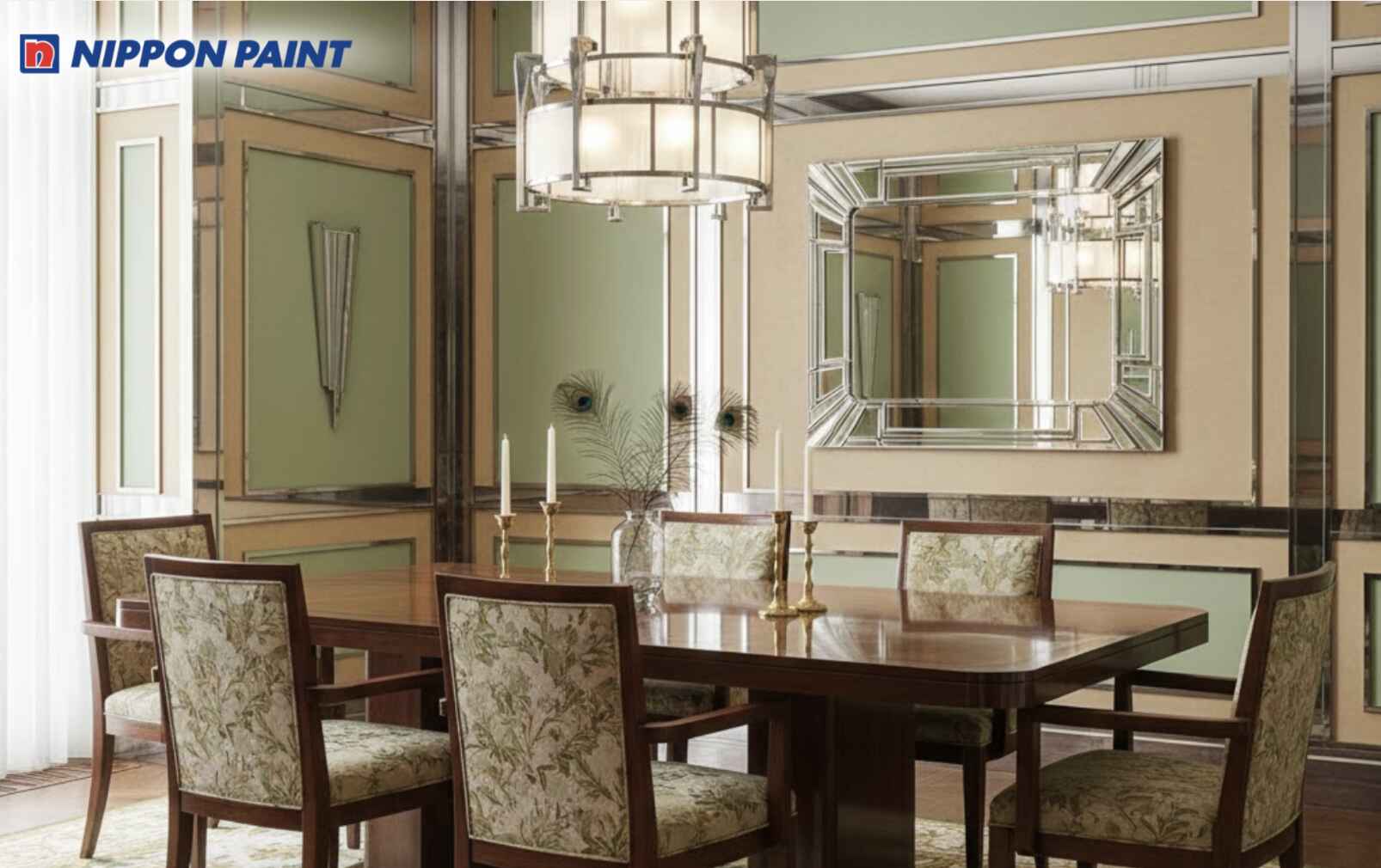Xanh ngọc phối be cùng đèn kim loại sáng mang đến phòng ăn Art Deco hiện đại, cuốn hút