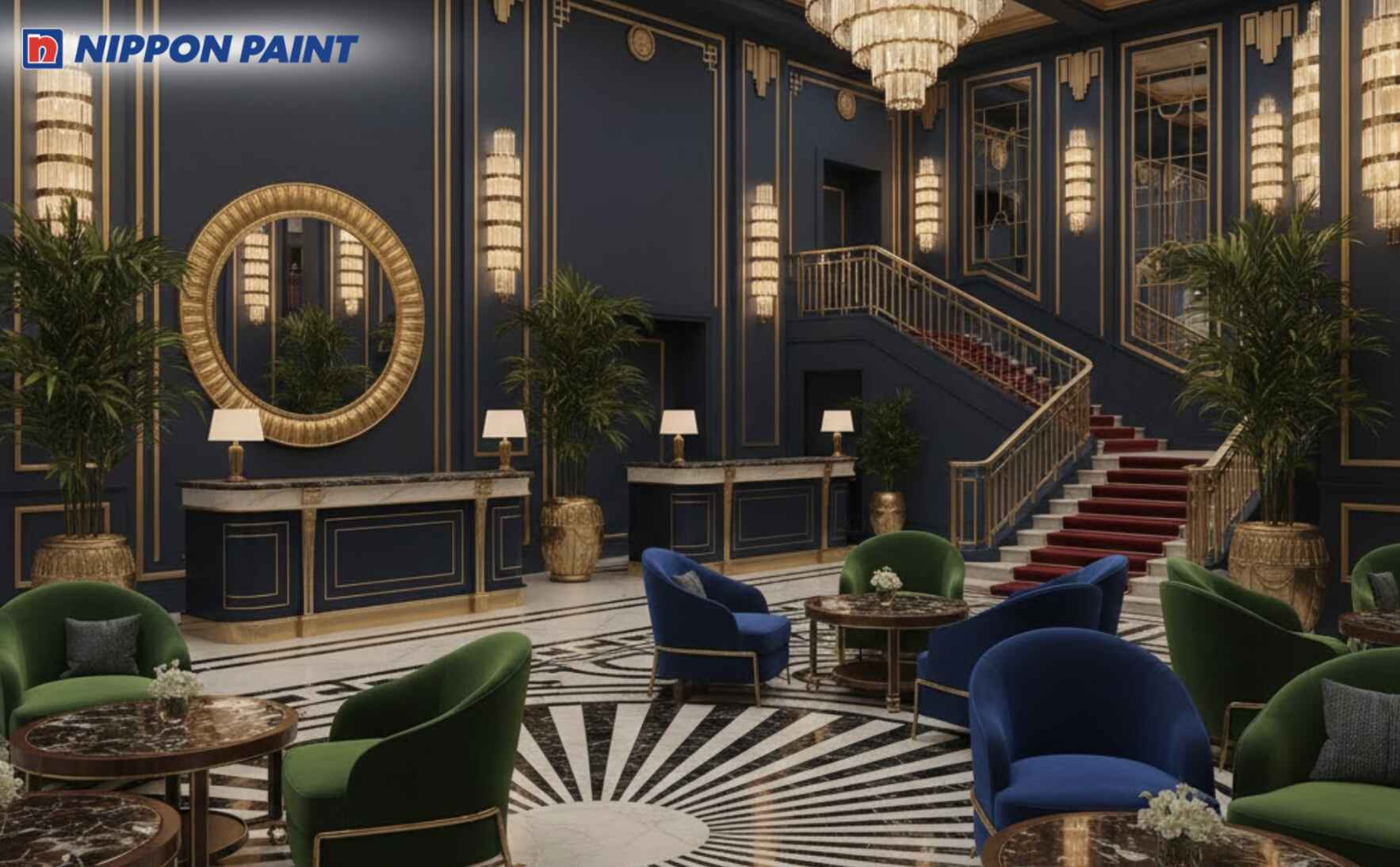 Đen - vàng kim tạo không gian sảnh Art Deco quyền lực, ấn tượng