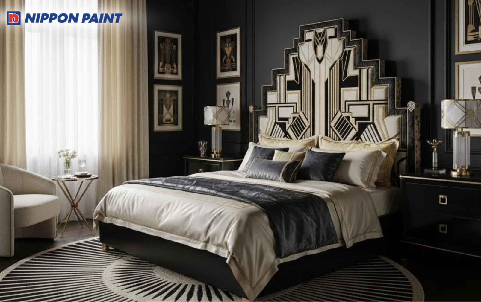 Đen làm điểm nhấn trên nền kem dịu giúp phòng ngủ Art Deco cân bằng, tinh tế