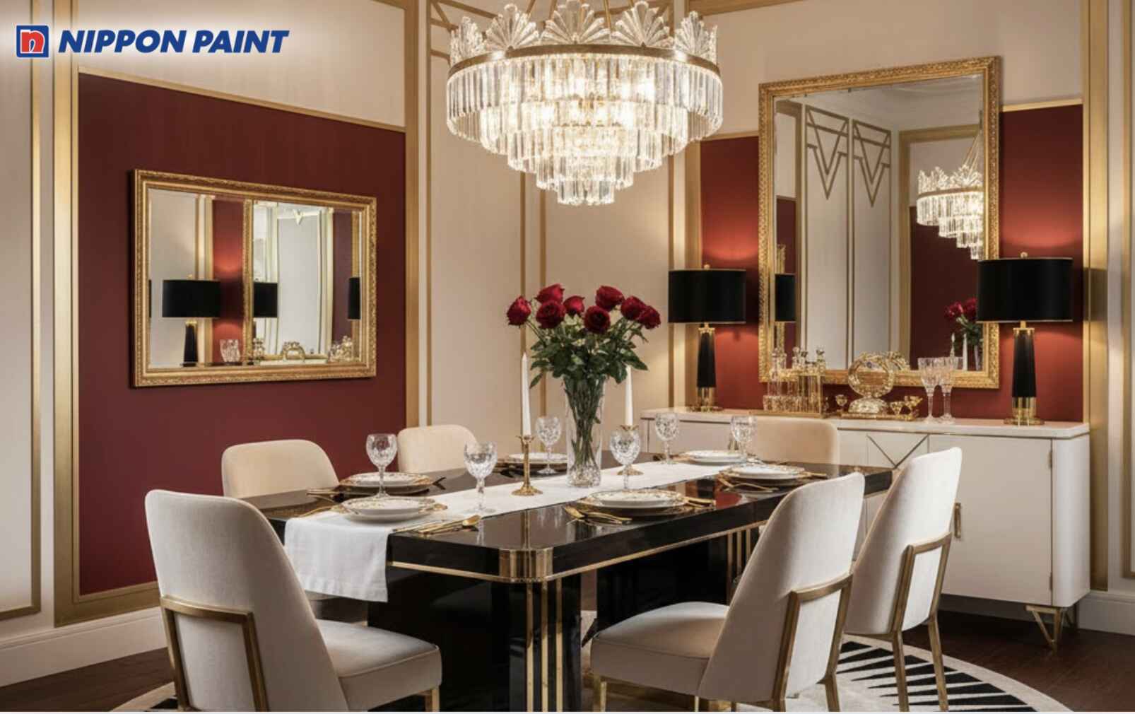 Đỏ rượu vang phối trắng - be mang đến phòng ăn Art Deco ấm áp, giàu cảm xúc