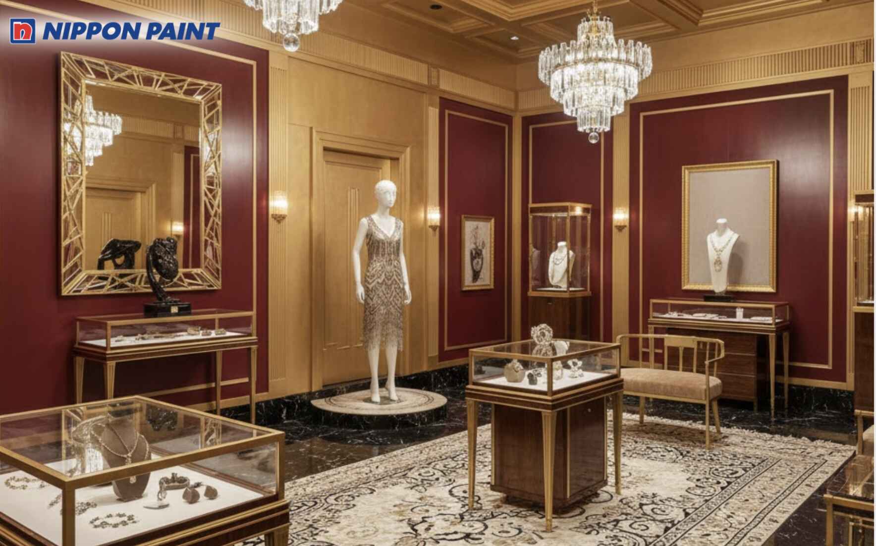 Đỏ rượu vang phối vàng kim và be, tạo ấn tượng mạnh mẽ, đậm chất quý phái