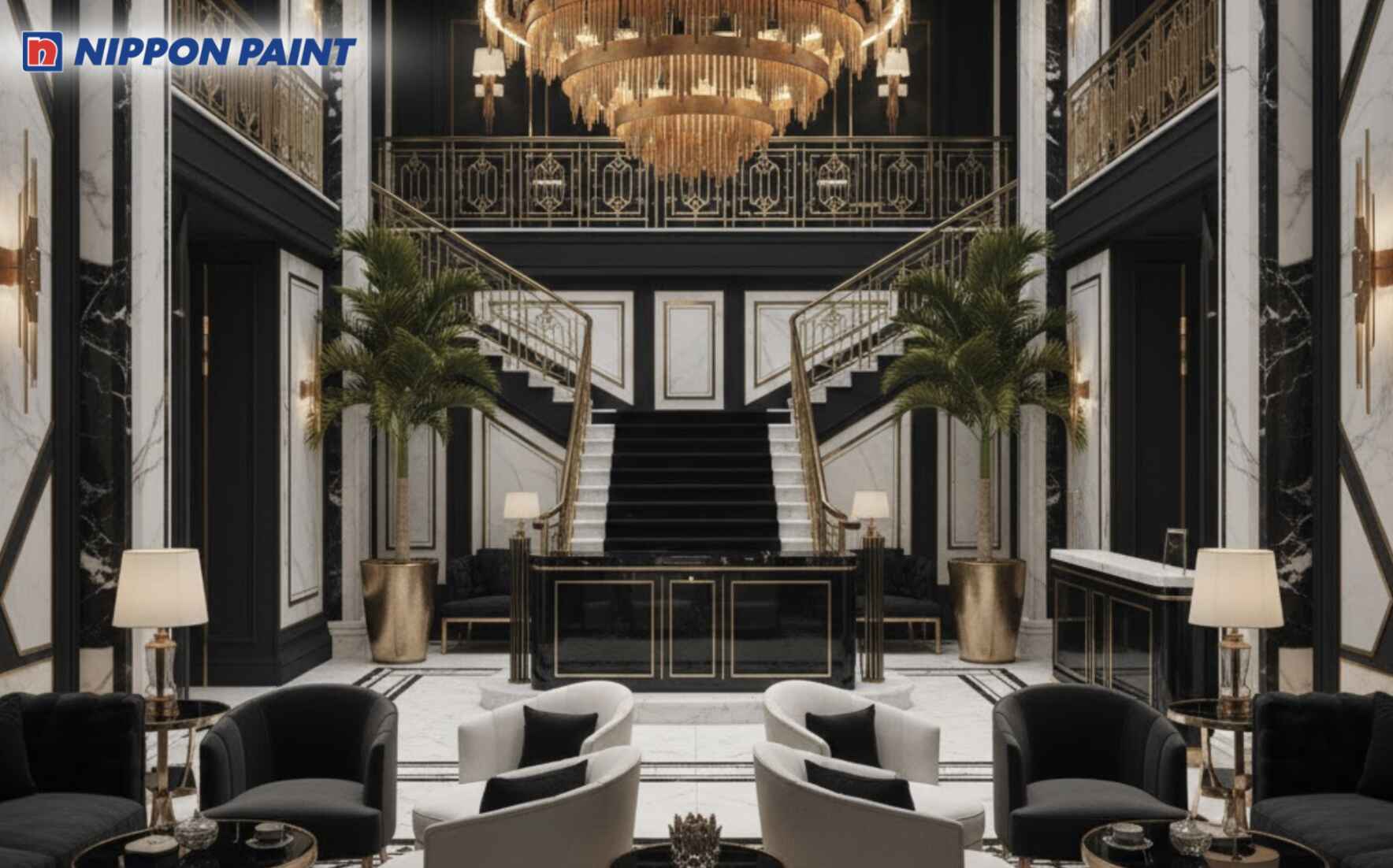 Trắng - đen đối xứng, ánh kim điểm xuyết giúp sảnh Art Deco nổi bật