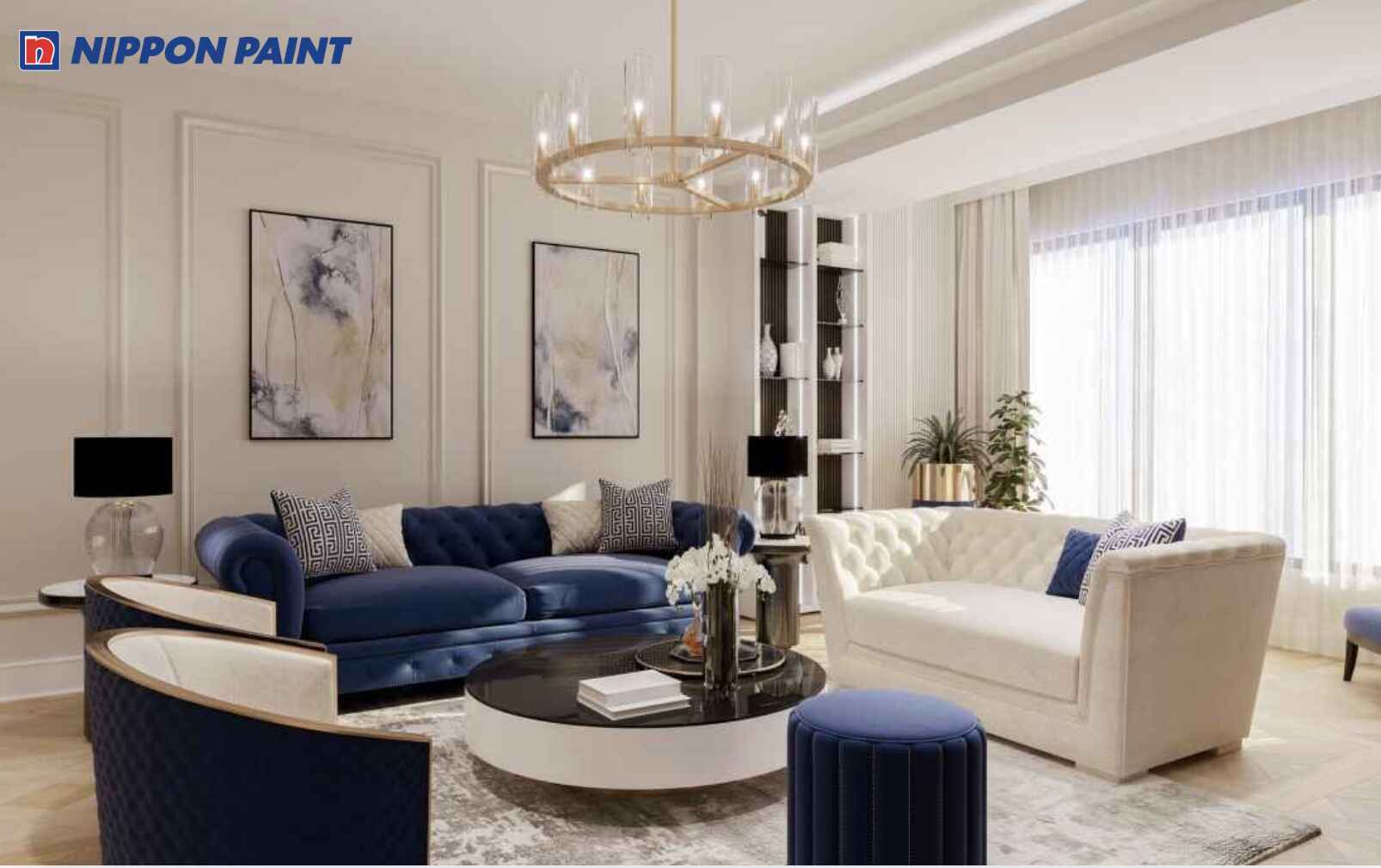 Tường trắng kem phối xanh navy giúp phòng khách Art Deco ấm áp