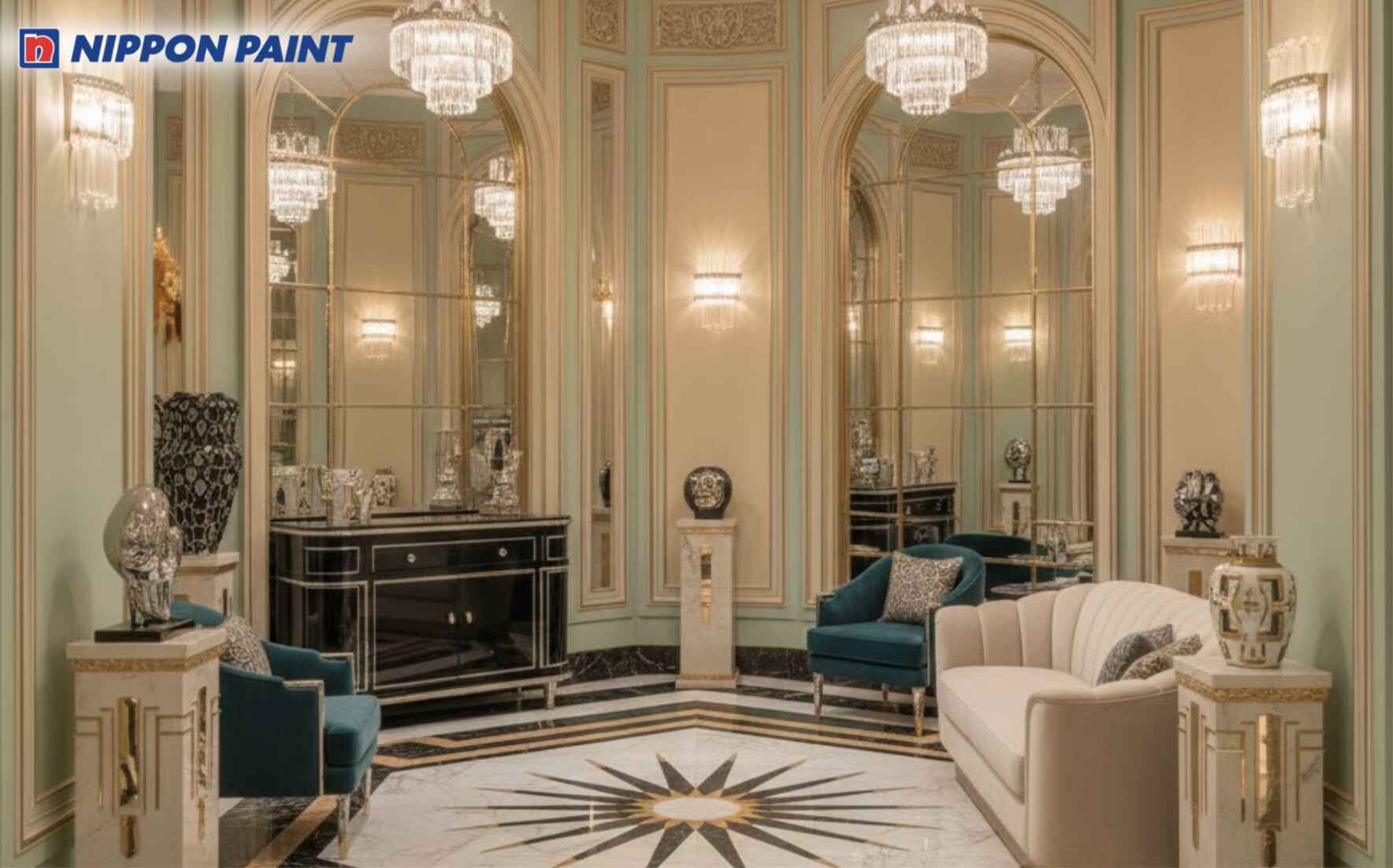 Xanh ngọc nhạt kết hợp kem và ánh kim, gợi không khí Art Deco thời thượng