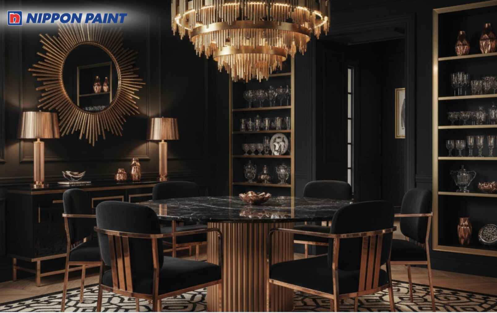 Đen làm nền, nhấn ánh đồng giúp phòng ăn Art Deco quyền lực, cá tính