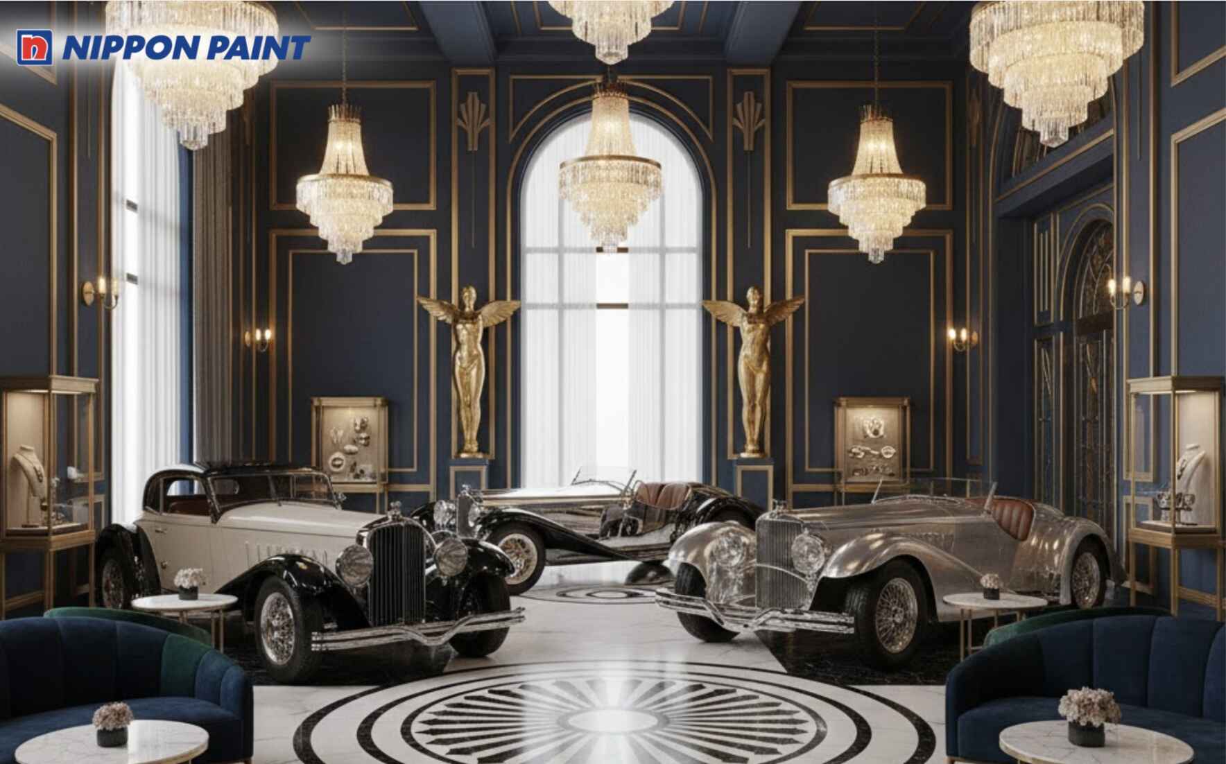 Xanh navy kết hợp vàng kim mang lại cảm giác sang trọng nhẹ nhàng cho showroom