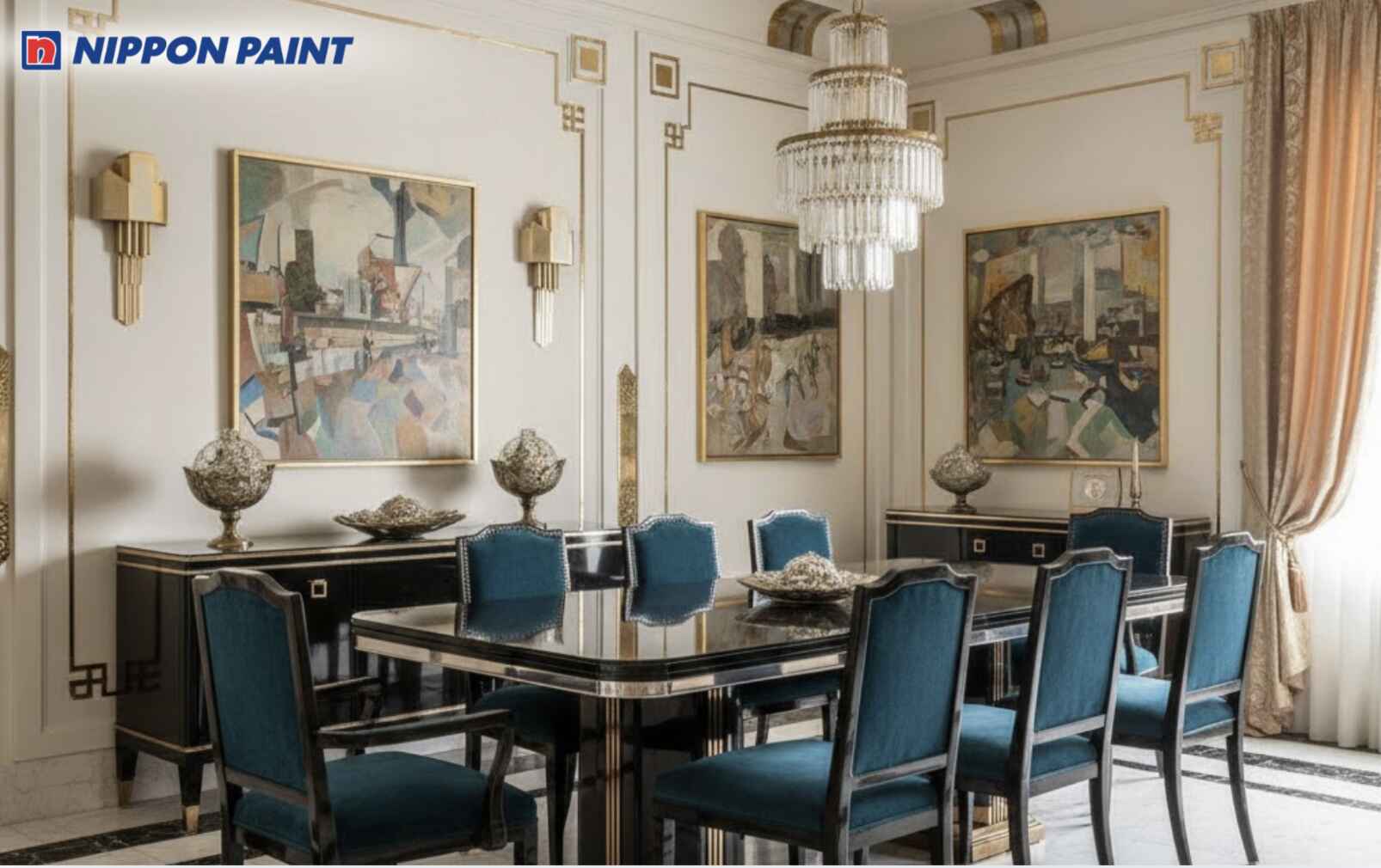 Kem chủ đạo kết hợp chi tiết ánh kim loại tạo phòng ăn Art Deco tinh tế, thanh lịch