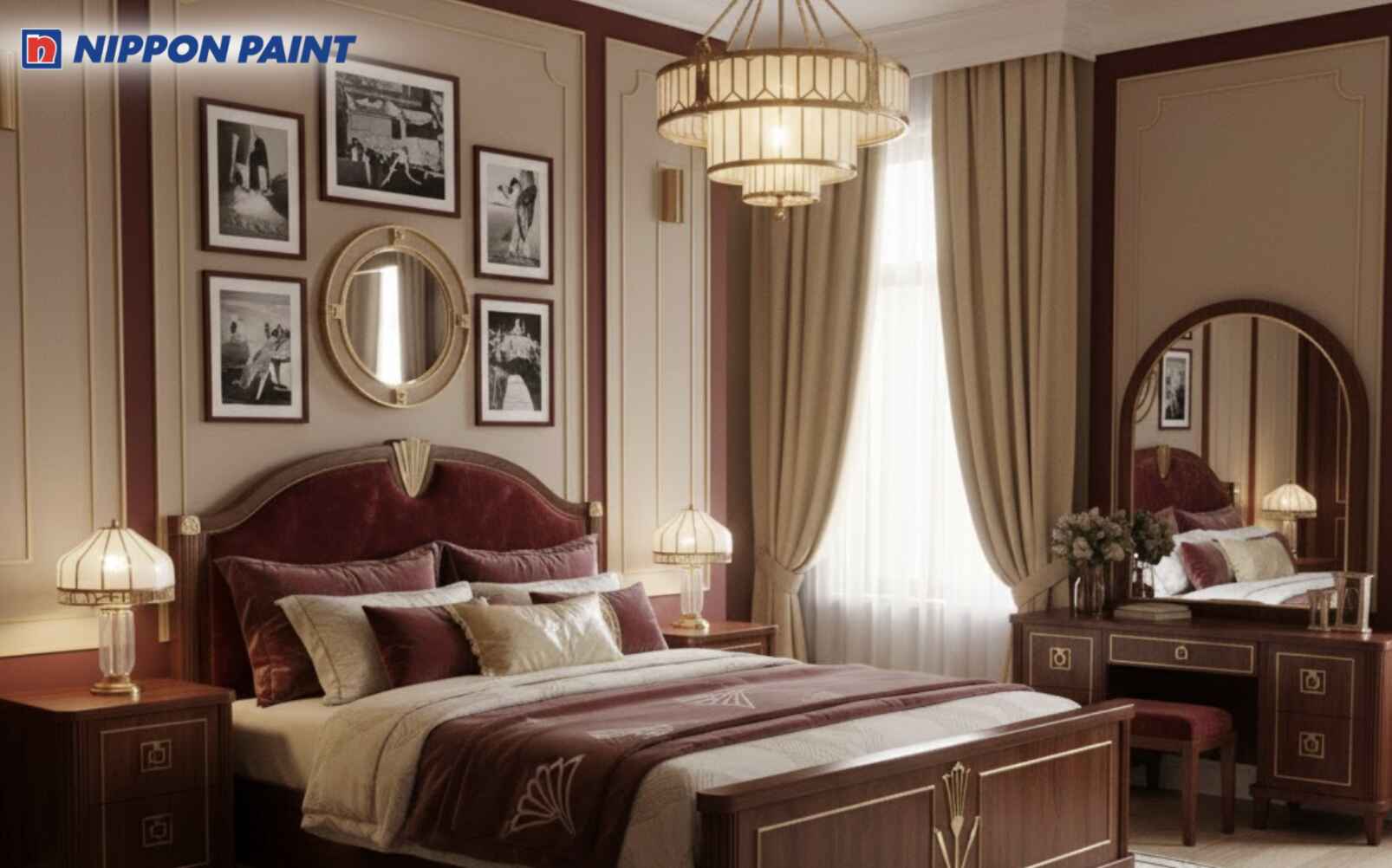 Đỏ rượu vang phối be cùng nội thất gỗ sẫm tạo phòng ngủ Art Deco trầm ấm, quyến rũ