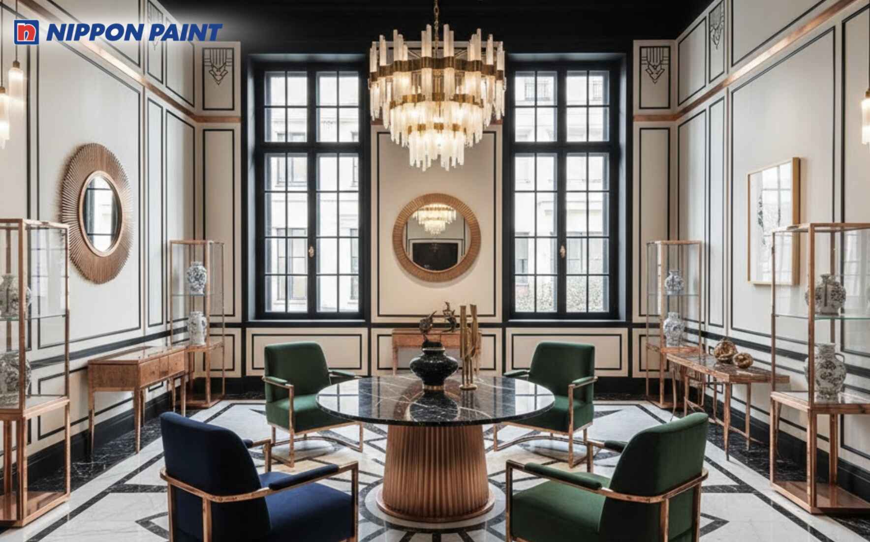 Trắng ngà phối đen và ánh đồng cho showroom Art Deco