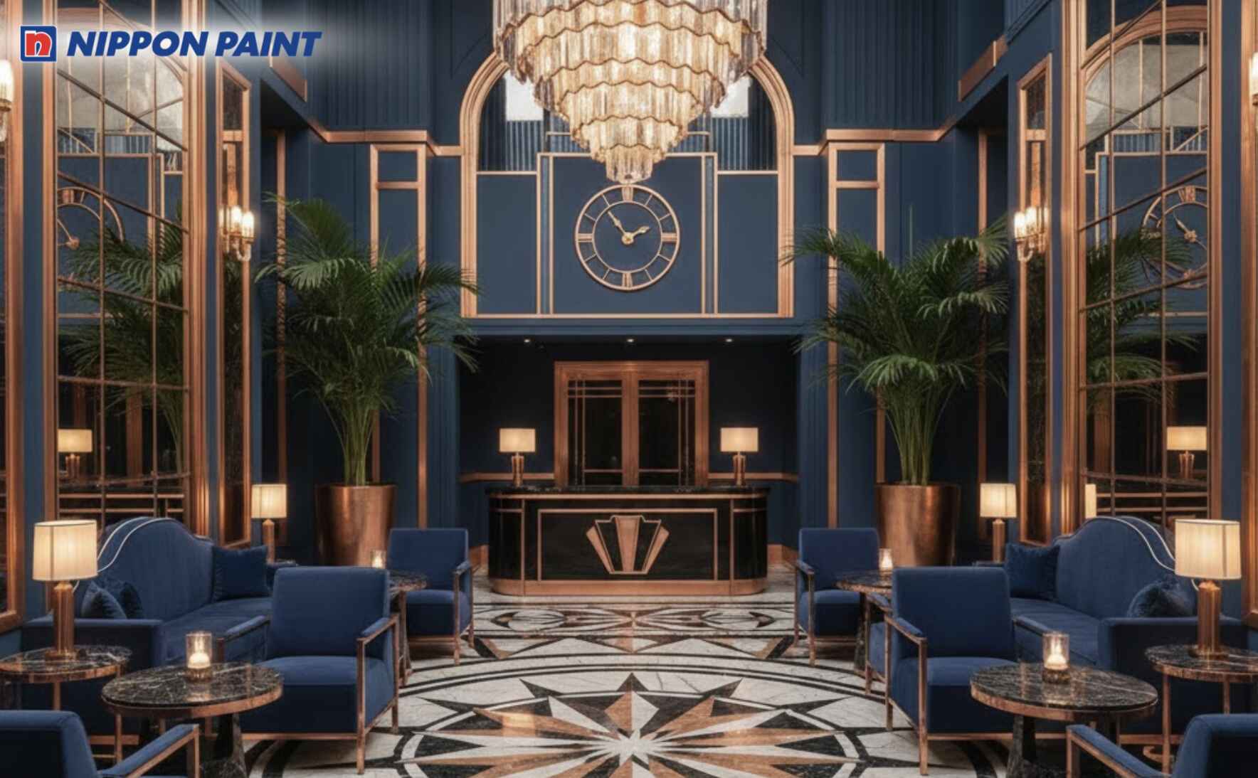 Xanh navy kết hợp ánh đồng mang đến sảnh Art Deco sang trọng, sâu lắng