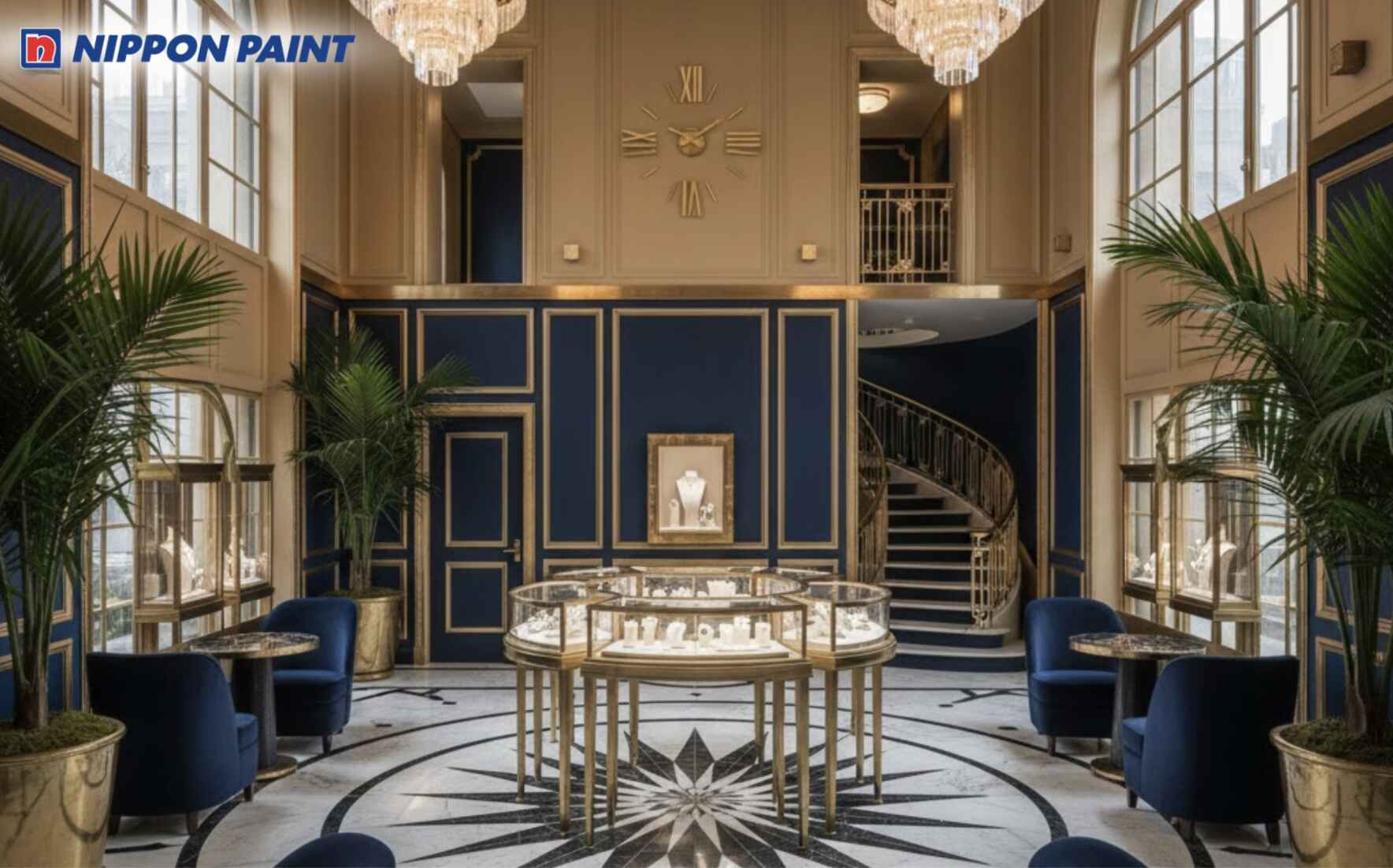 Showroom sơn màu be ấm kết hợp xanh navy, tạo chiều sâu thị giác và vẻ đẹp cổ điển